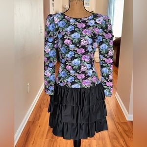 Huey Waltzer for Darcy vintage floral pucker ruffle long sleeve dress, sz 11/12